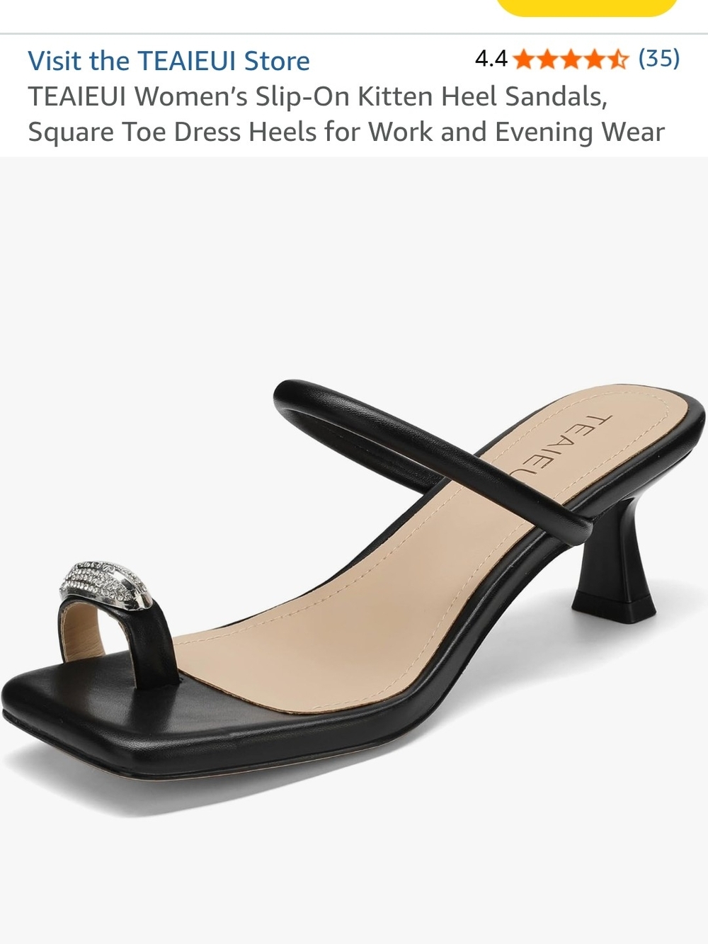 Black Slip-On Kitten Heel Sandal with Crystal Toe Accent